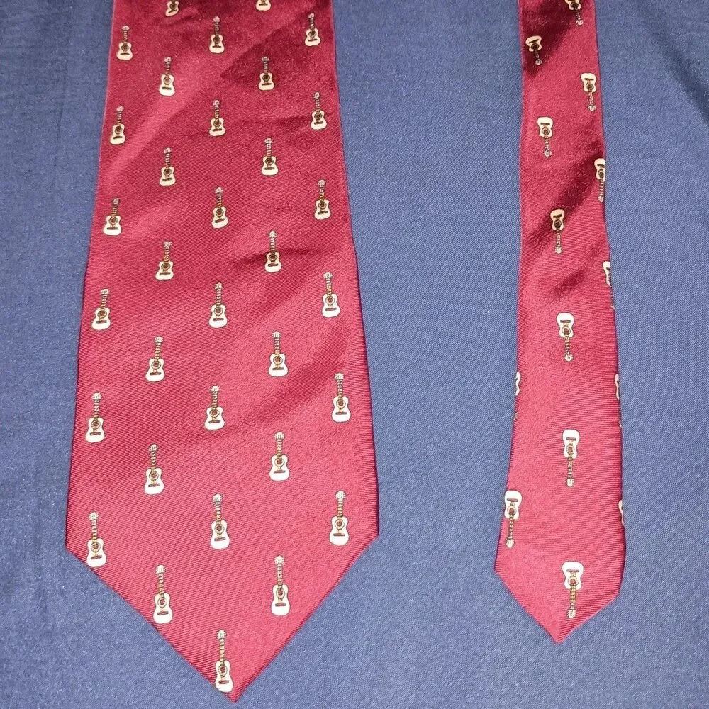 Vintage Dave The Cat Necktie Acoustic Guitar Tie Maroon Burgundy 100% Silk USA